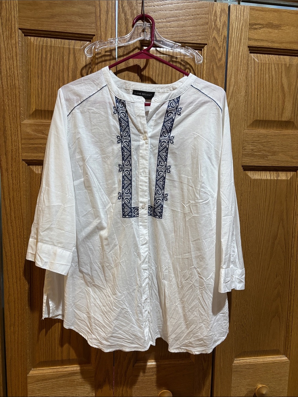 Lane Bryant White Button-Front Shirt with Navy Embroidery